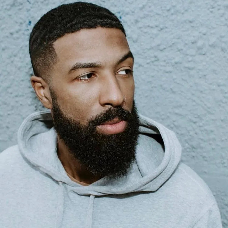 Apothecary 87 Sandalwood and Vanilla Beard Oil on man with beard