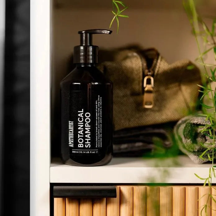 Apothecary 87 product stripping Botanical Shampoo in bathroom setting