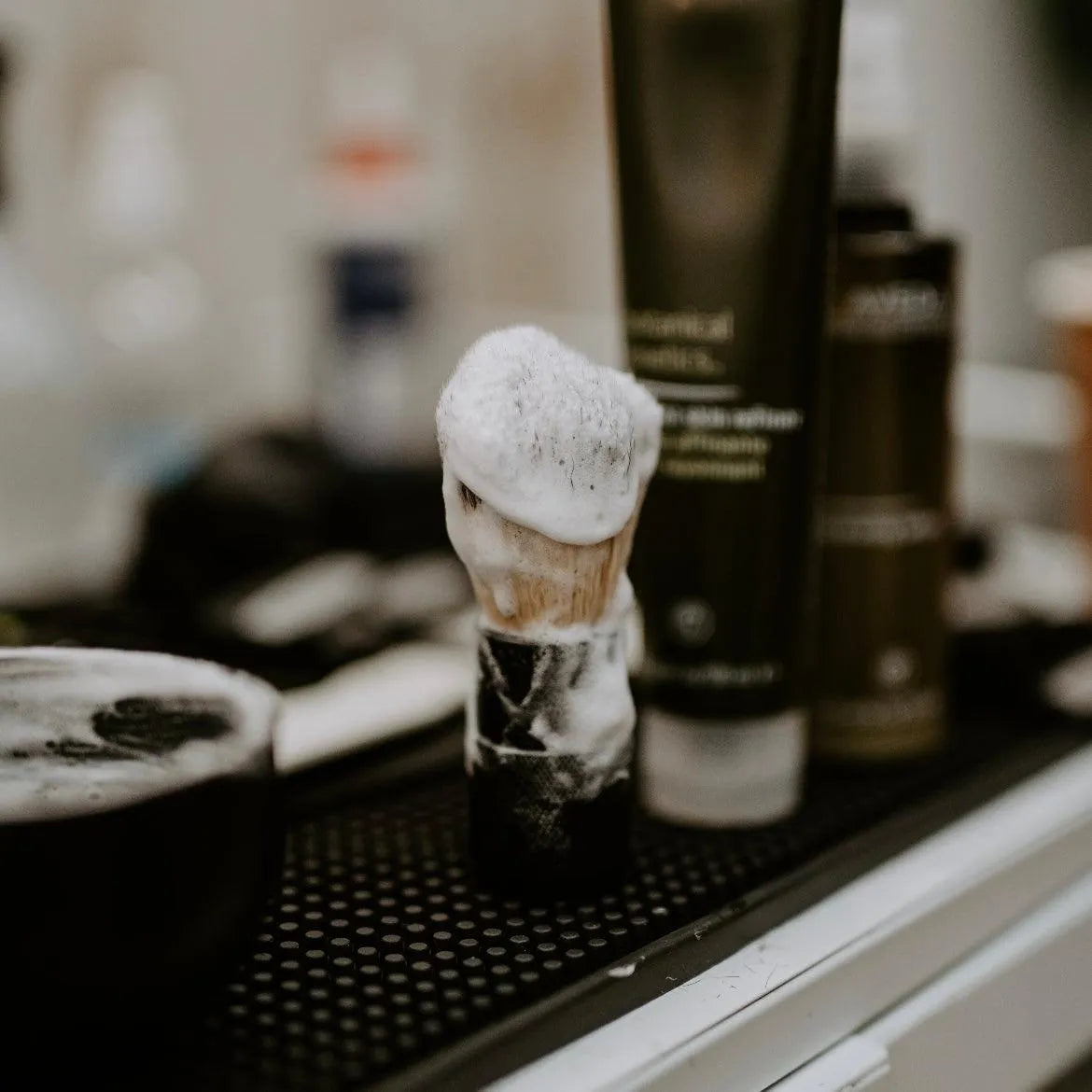 Apothecary 87 synthetic badger hair Shave Brush with lathered shaving foam for wet shave