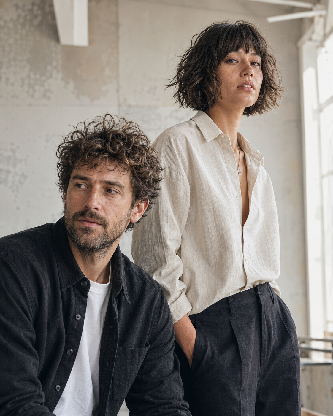 A man and a woman posing in a bright, modern room with textured hair styles. The man in the foreground wears a dark charcoal overshirt over a white t-shirt, while the woman behind him wears a cream-colored linen button-down shirt and dark trousers.