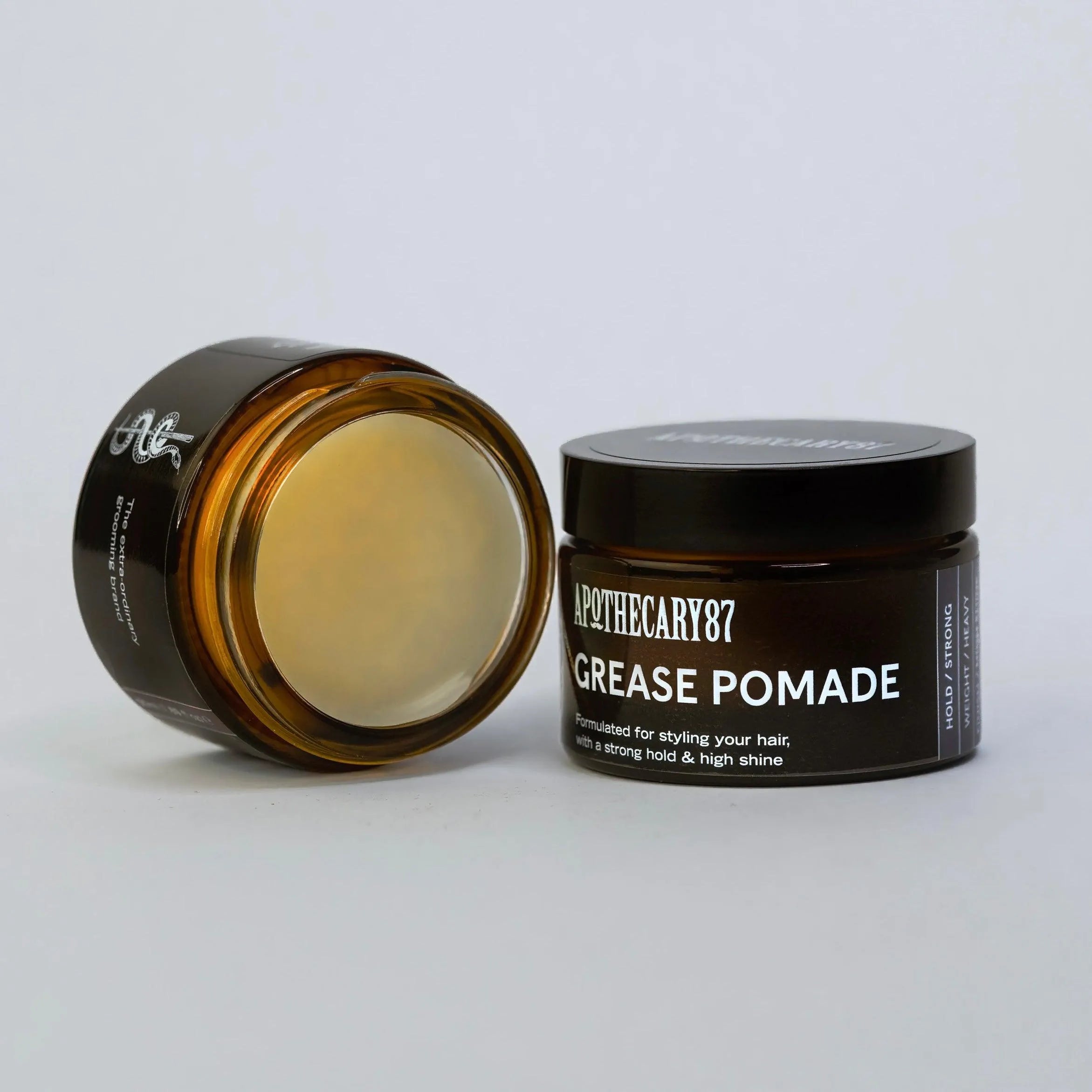Apothecary 87 Grease Pomade 50ml (1.69 fl oz) jar, classic hair styling wax. Strong Hold | High Shine Finish | Heavy Weight. Part of the Classic Hair Kit gift