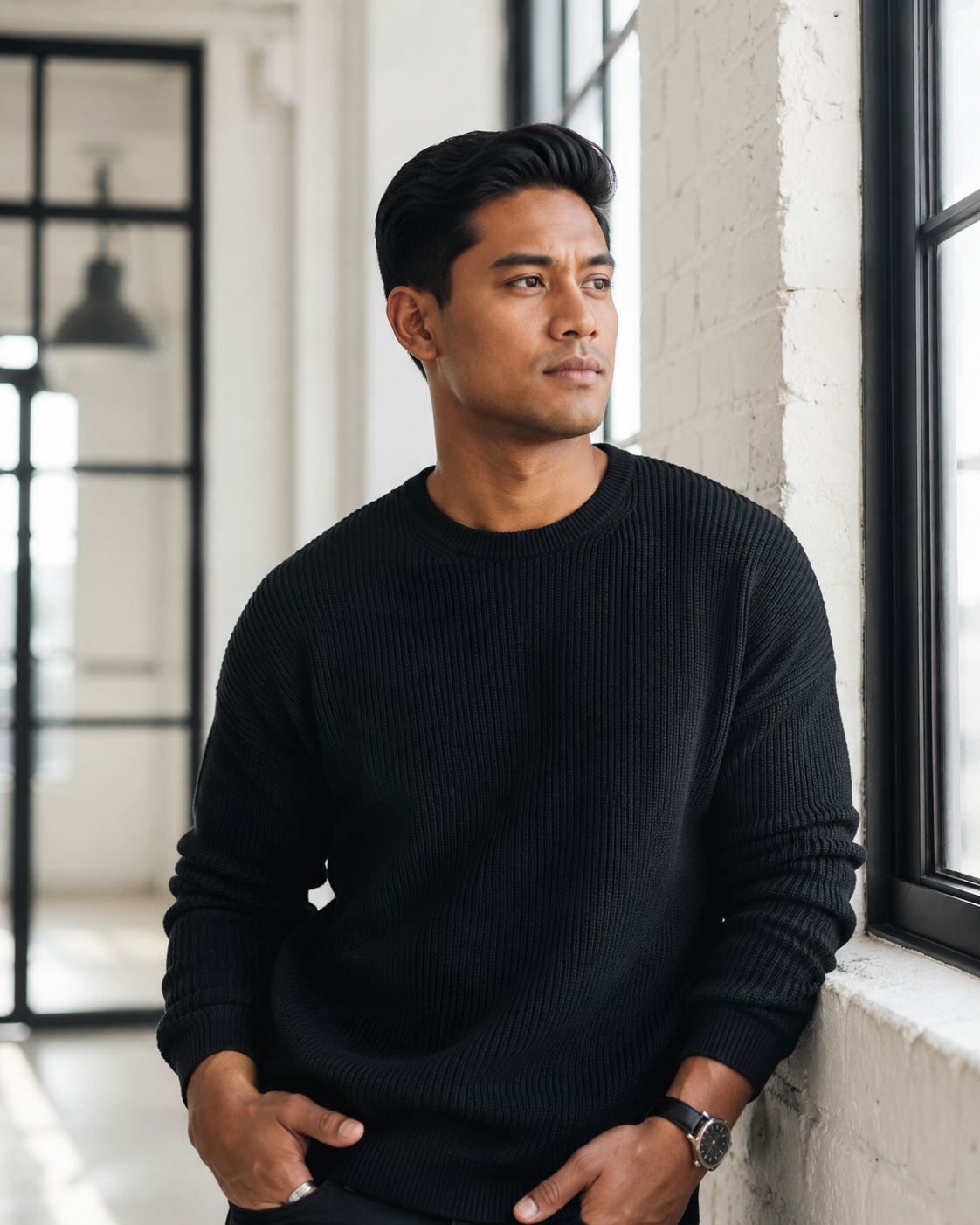 A man wearing a black ribbed crewneck sweater leans against a white brick wall in a bright, modern loft setting.