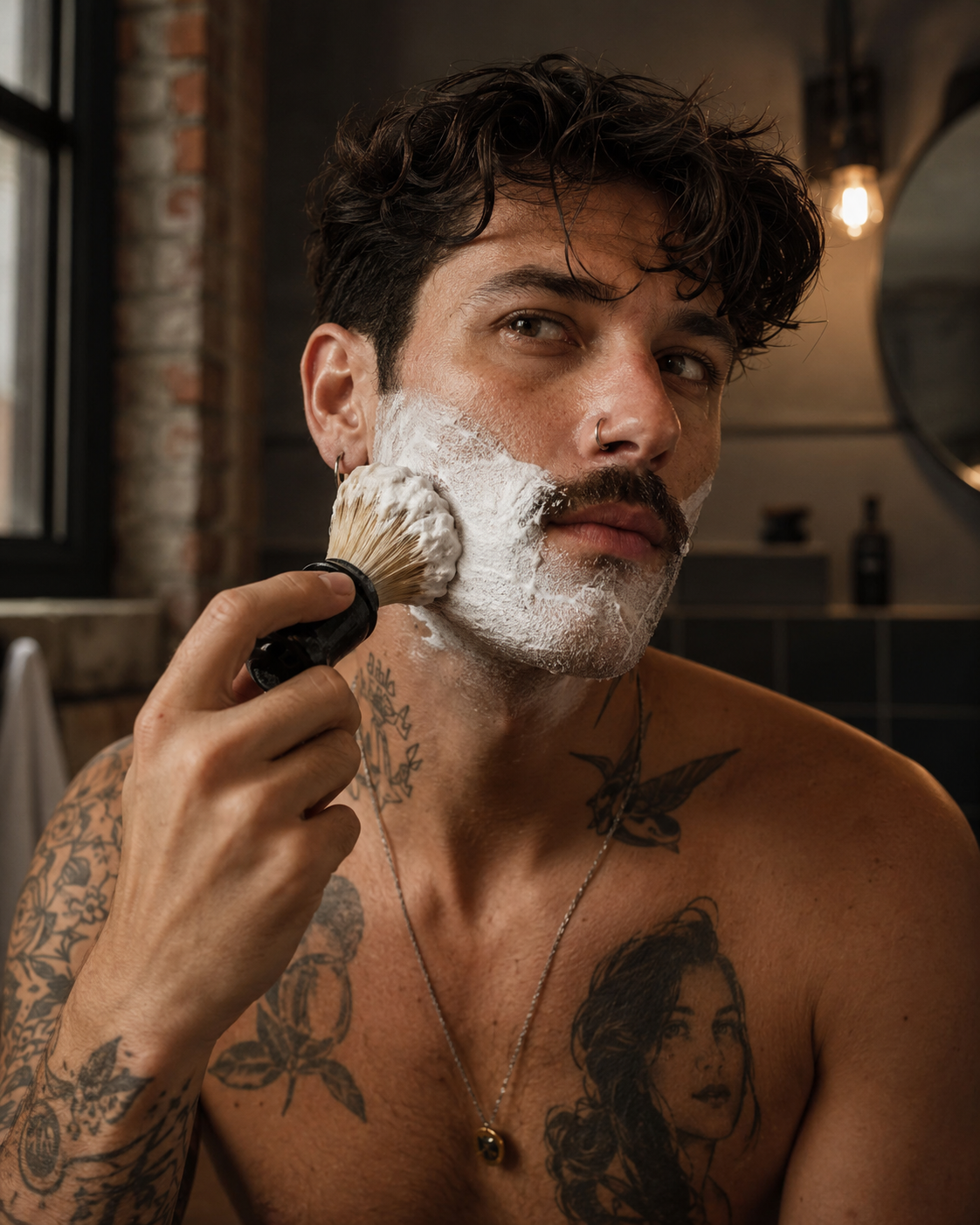 A shirtless man with tattoos applies shaving lather with a brush in a warm, rustic bathroom setting.