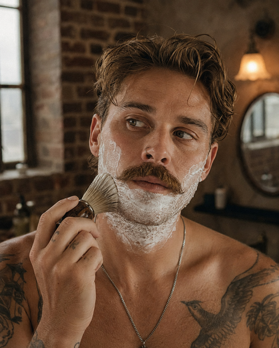A man with facial hair applies shaving lather with a shaving brush in a warm, rustic bathroom setting with a brick wall and mirror.