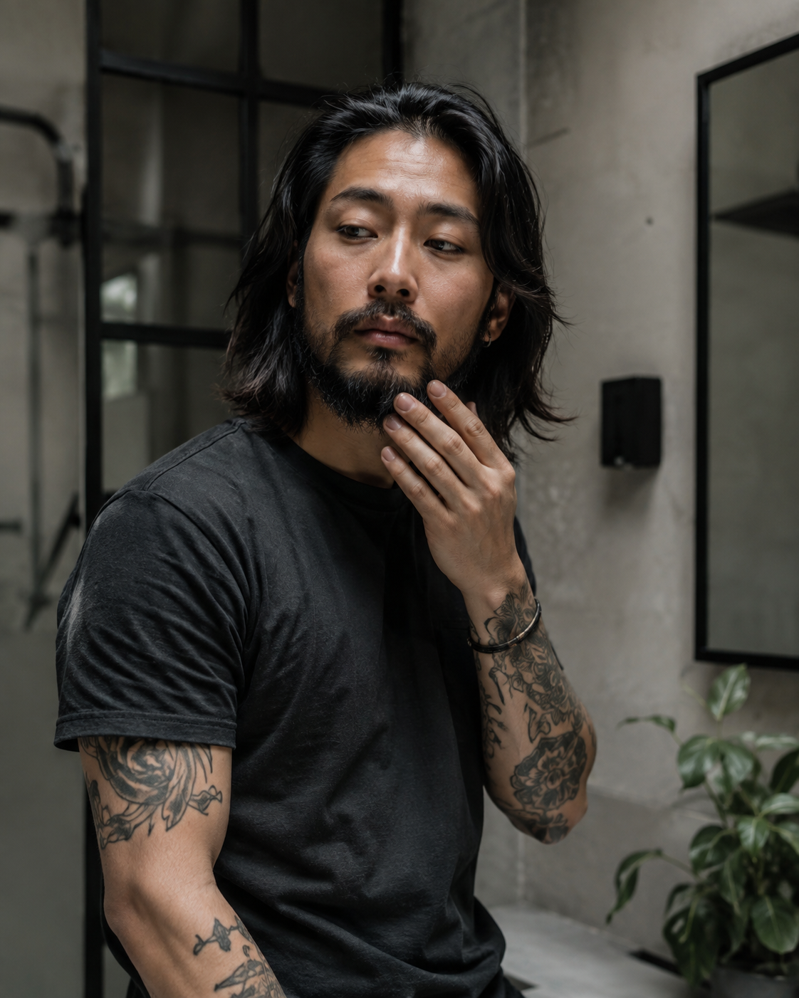 A man with long dark hair and tattoos wearing a faded black t-shirt, posing in a modern industrial-style room with concrete walls and a mirror.