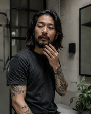 A man with long dark hair and tattoos wearing a faded black t-shirt, posing in a modern industrial-style room with concrete walls and a mirror.