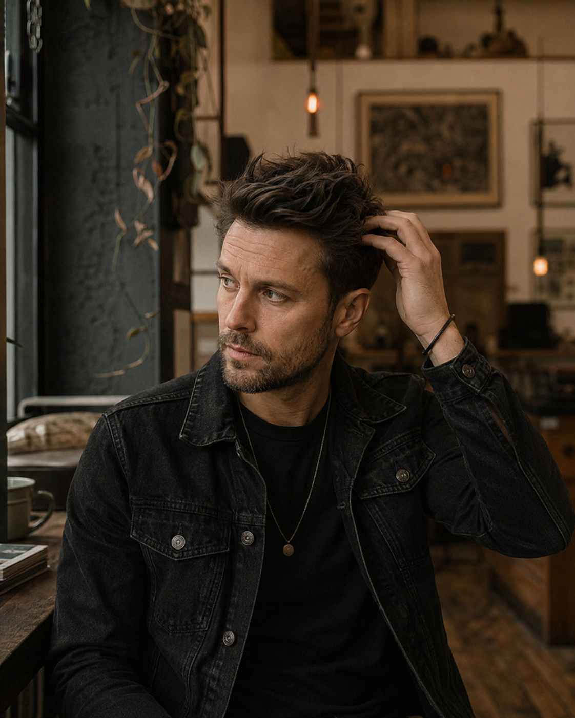 A man with styled brown hair and a beard, wearing a black denim jacket over a black t-shirt, sitting in a warm, dimly lit loft-style room.