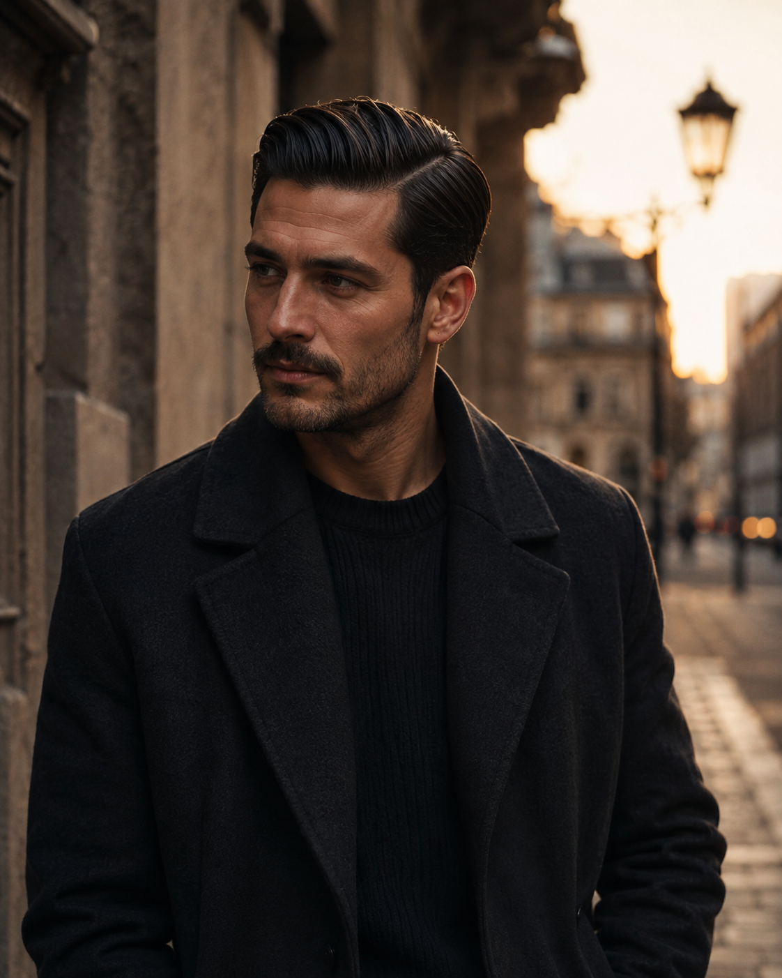 A man with slicked-back dark hair and a trimmed beard wearing a black wool coat over a black ribbed sweater, standing on a city street at sunset.
