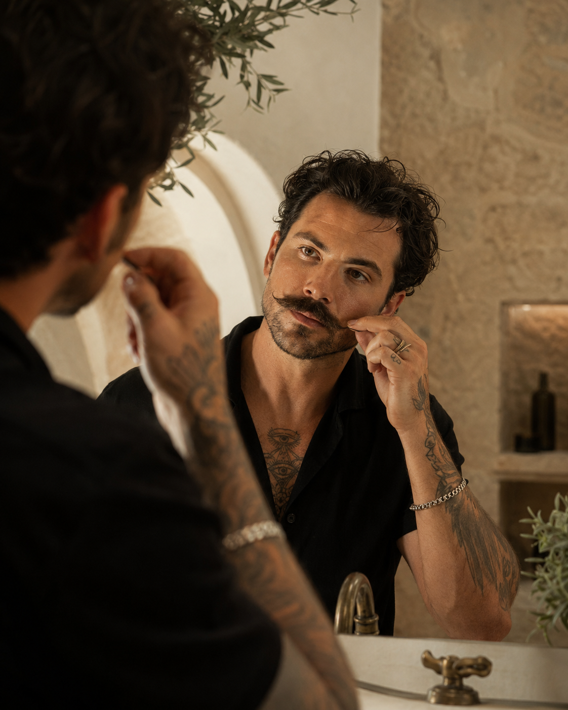 A man with tattoos looks at his reflection in a bathroom mirror, holding a black mustache above his upper lip. He is wearing a black button-down shirt and a silver chain bracelet, with a warm beige stone wall and a sink in the background.