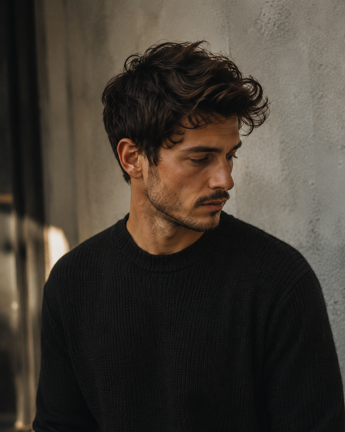 A man with dark, wavy hair and a light beard wearing a black ribbed knit sweater, looking down and to the side against a textured gray concrete wall.