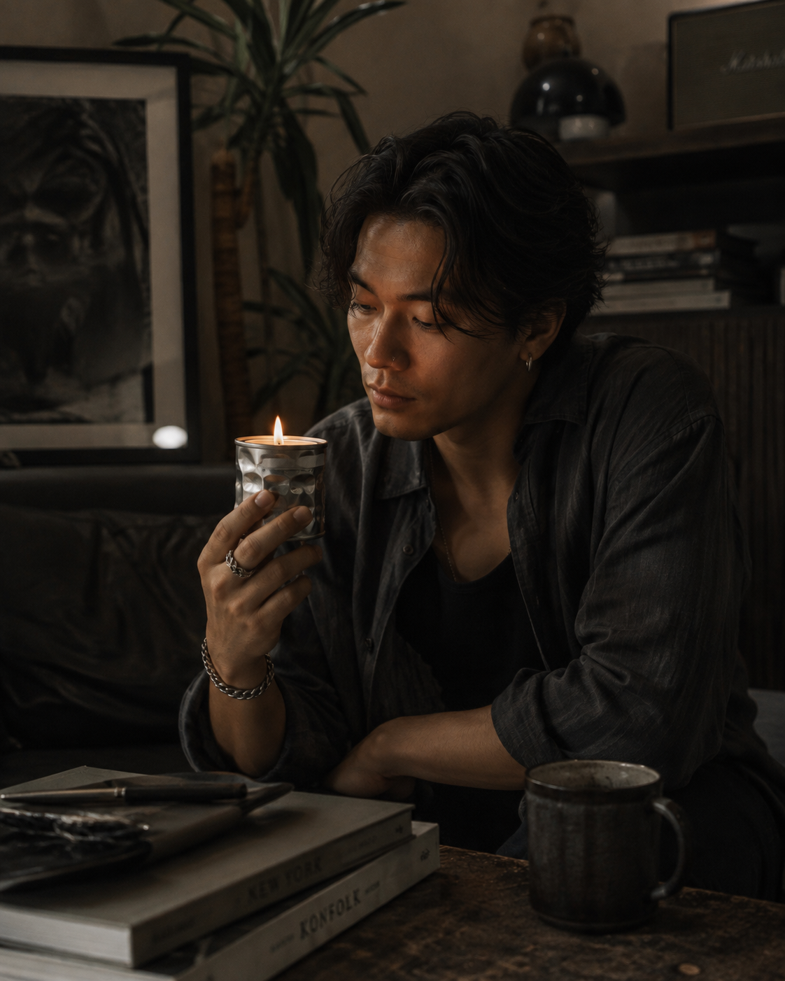 A man in a dark grey shirt sits at a table holding a lit candle in a metal container, with books and a mug on the table in a dimly lit room.