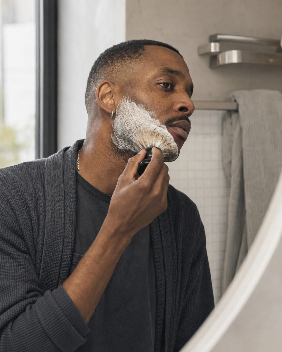 A man in a dark gray robe shaving his face with a shaving brush in a modern bathroom setting.