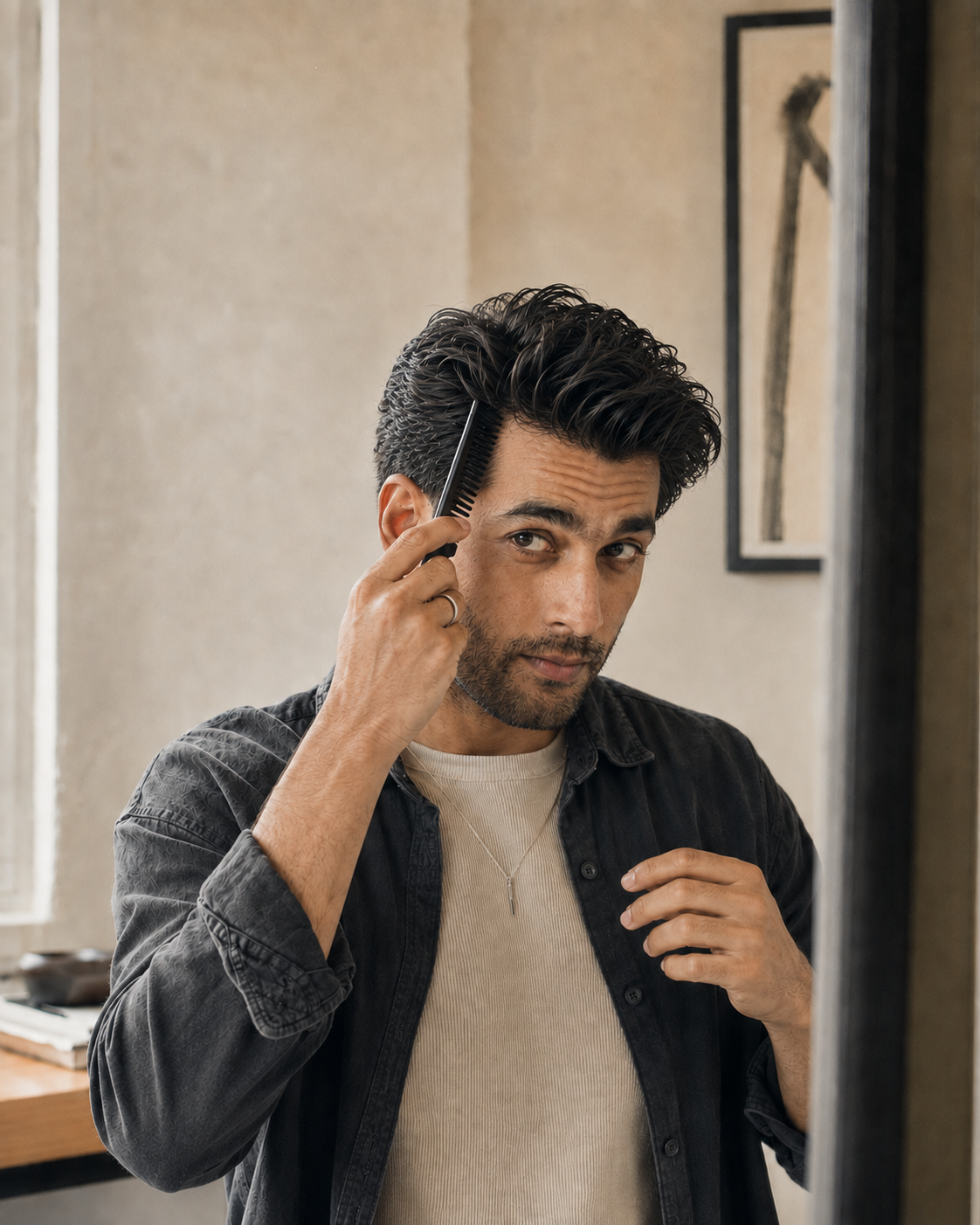 A man with styled dark hair looks into a mirror while using a black comb. He is wearing a dark charcoal button-up shirt over a light beige t-shirt in a softly lit indoor setting.