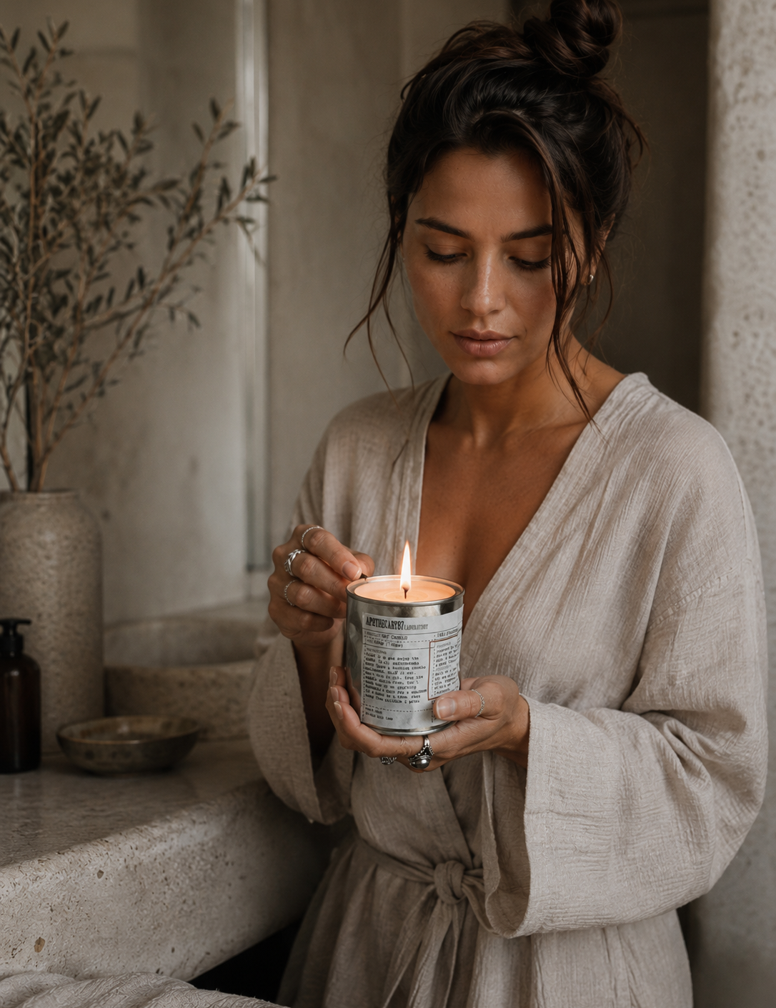 A woman in a beige linen robe holds a lit candle in a textured jar, standing in a softly lit bathroom or spa-like interior with stone surfaces and dried branches in the background.