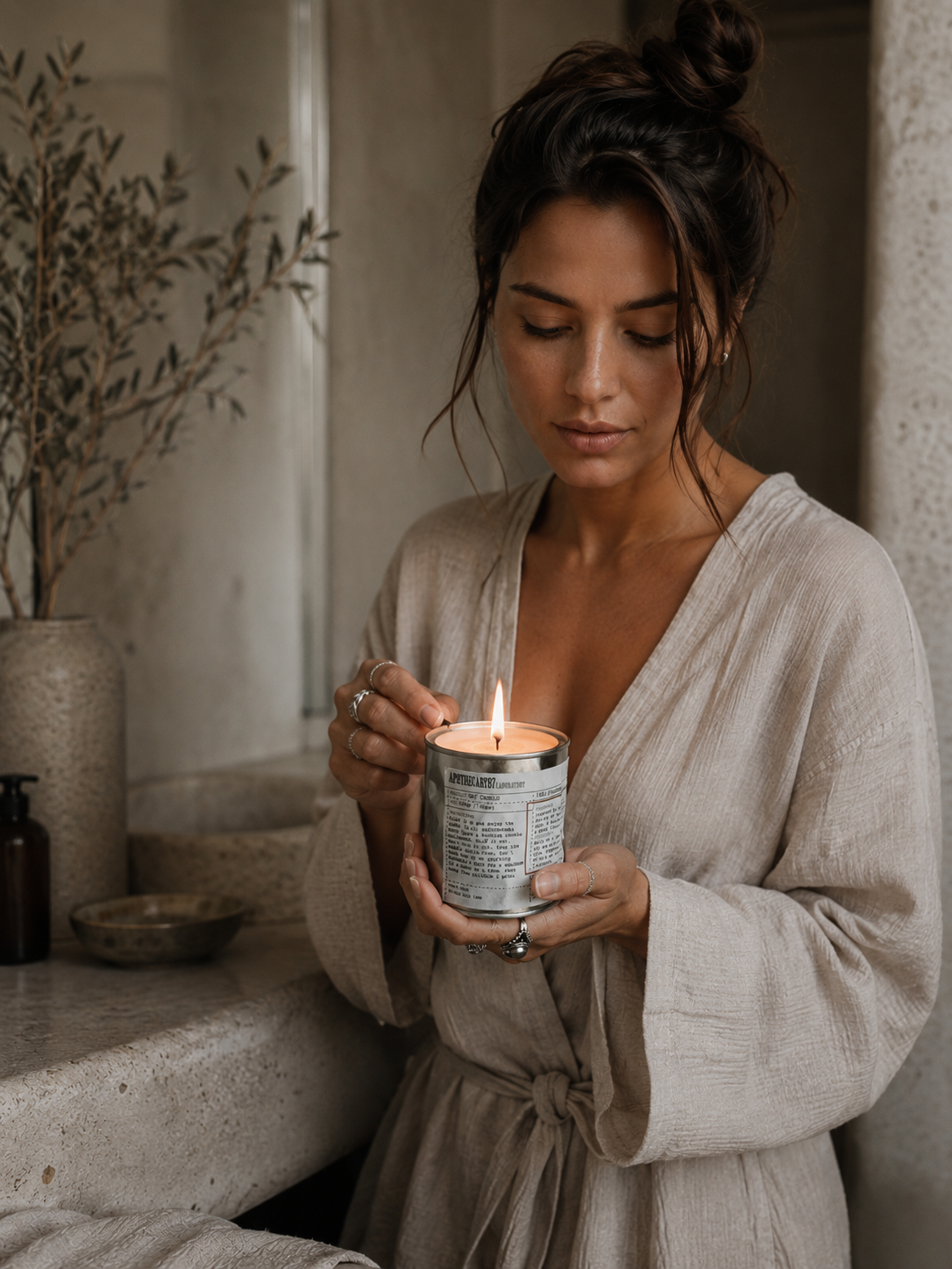 A woman in a beige linen robe holds a lit candle in a textured jar, standing in a softly lit bathroom or spa-like interior with stone surfaces and dried branches in the background.